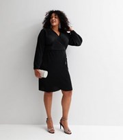 New Look Curves Black Plisse V Neck Long Sleeve Midi Wrap Dress